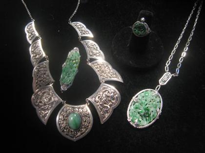 Appraisal: Group of jade and silver jewelry Four pieces including two