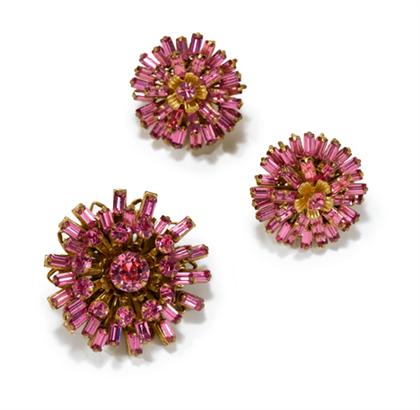 Appraisal: Pink rhinestone sunburst Miriam Haskell earrings and brooch