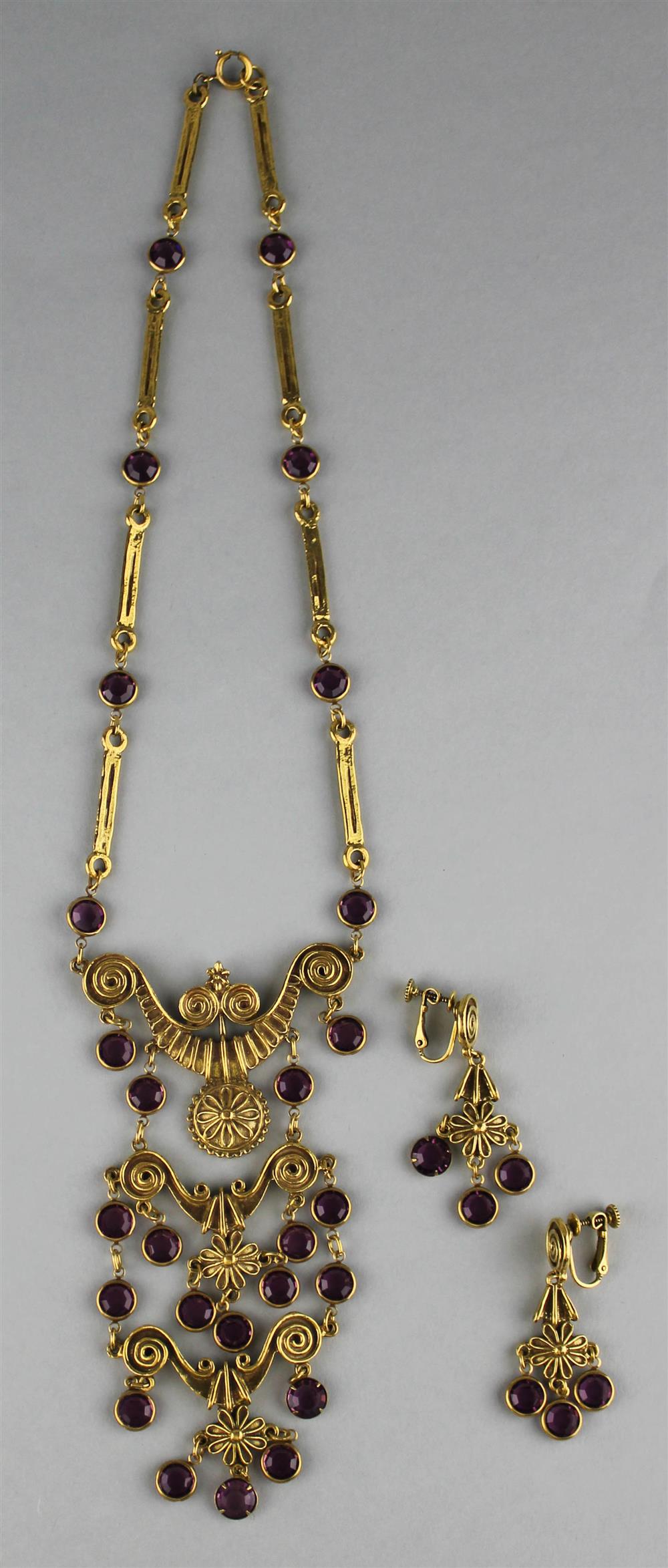 Appraisal: BIB NECKLACE IN GOLD WITH PURPLE STONES WITH MATCHING EARRING