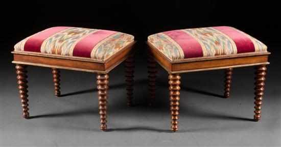 Appraisal: Pair of Continental style fruitwood upholstered stools parcel-gilt with spool-turned