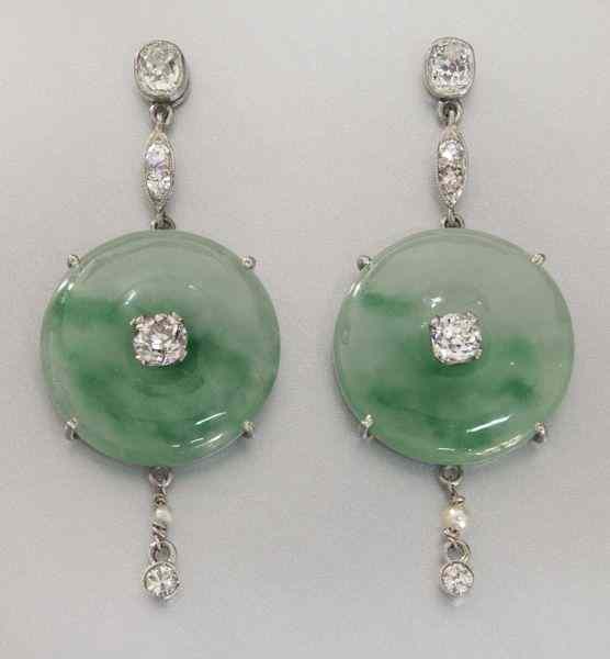 Appraisal: Pr Chinese K gold diamond and jadeite earringsmounted with a