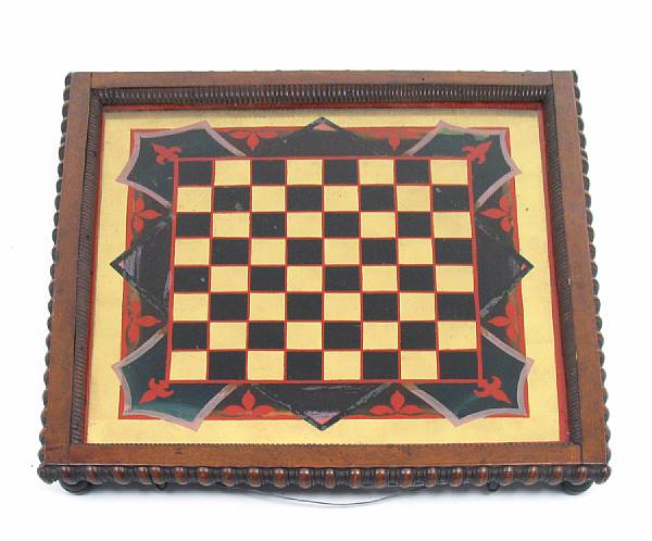 Appraisal: An American eglomise and mahogany chess board width in depth