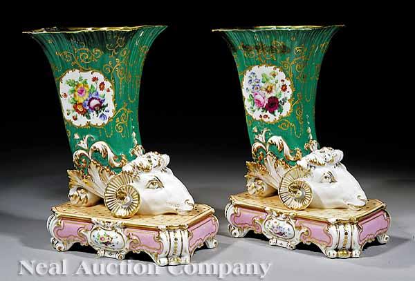 Appraisal: A Pair of Paris Porcelain Polychrome and Gilt-Decorated Rhyton-Form Vases