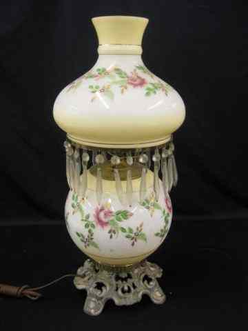 Appraisal: Banquet Lamp handpainted milk glass base shade crystal teardrop prisms