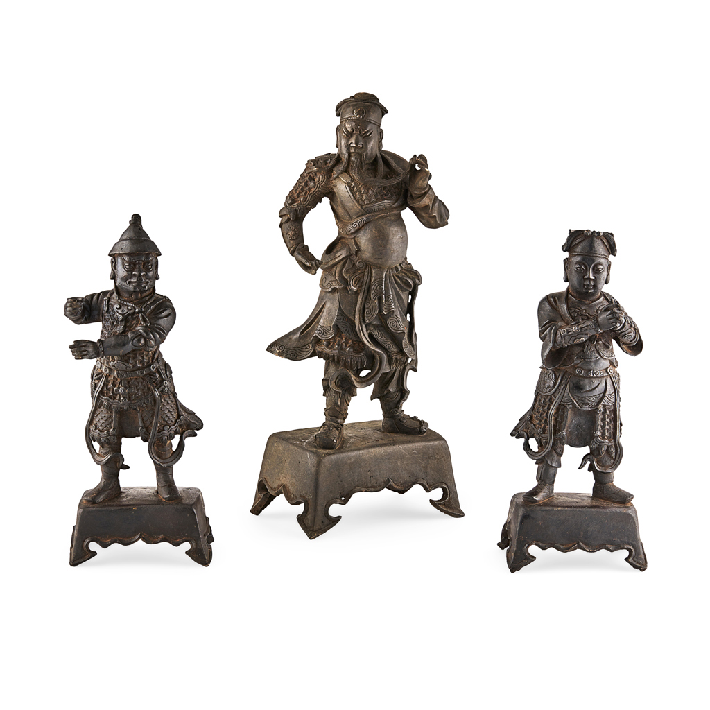 Appraisal: BRONZE FIGURES OF GUANDI AND ATTENDANTS Guandi shown dressed in