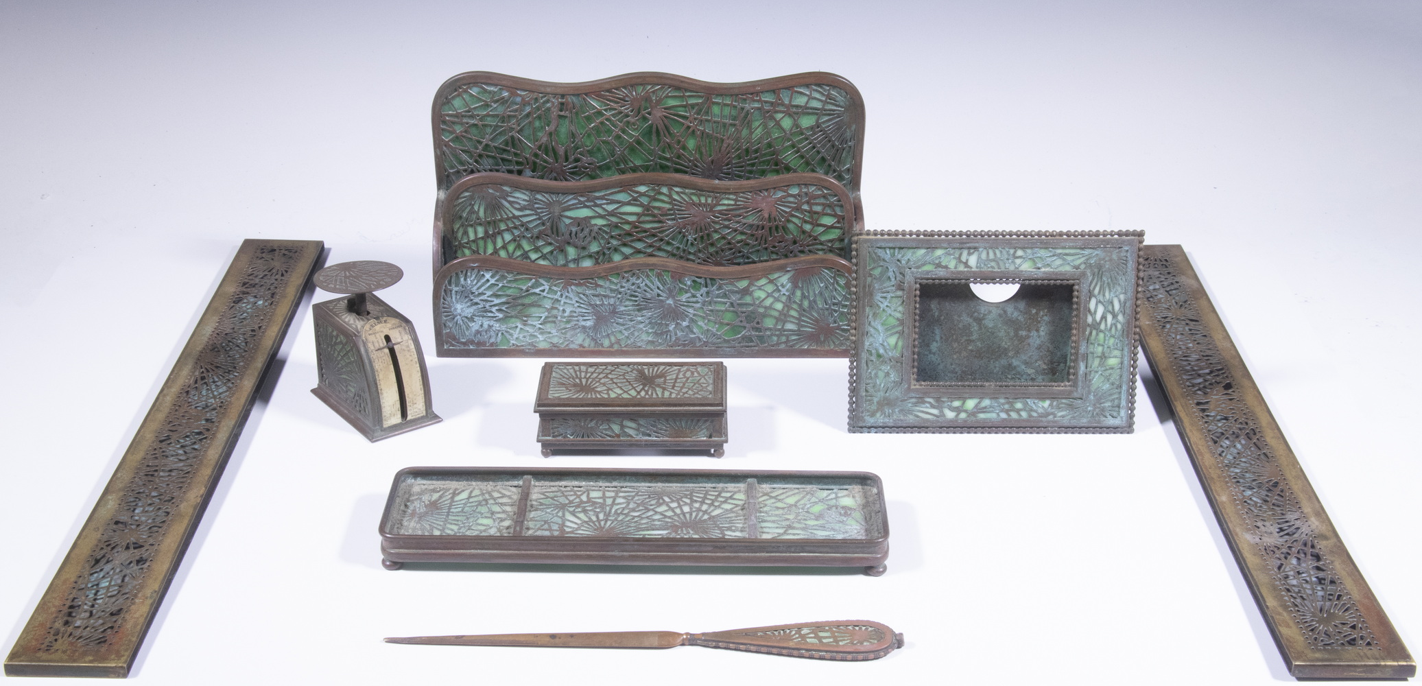 Appraisal: TIFFANY STUDIOS PINE NEEDLE DESK SET Early th c -Piece