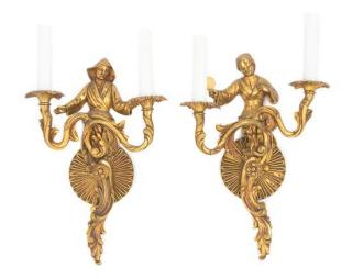 Appraisal: A Pair of Gilt Bronze Two-Light Figural Sconces early th