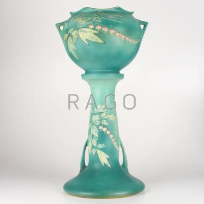 Appraisal: ROSEVILLE Green Bleeding Heart jardiniere and pedestal Marked Overall x