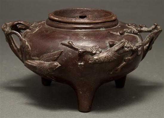 Appraisal: Chinese patinated bronze bowl th century with openwork handles modeled