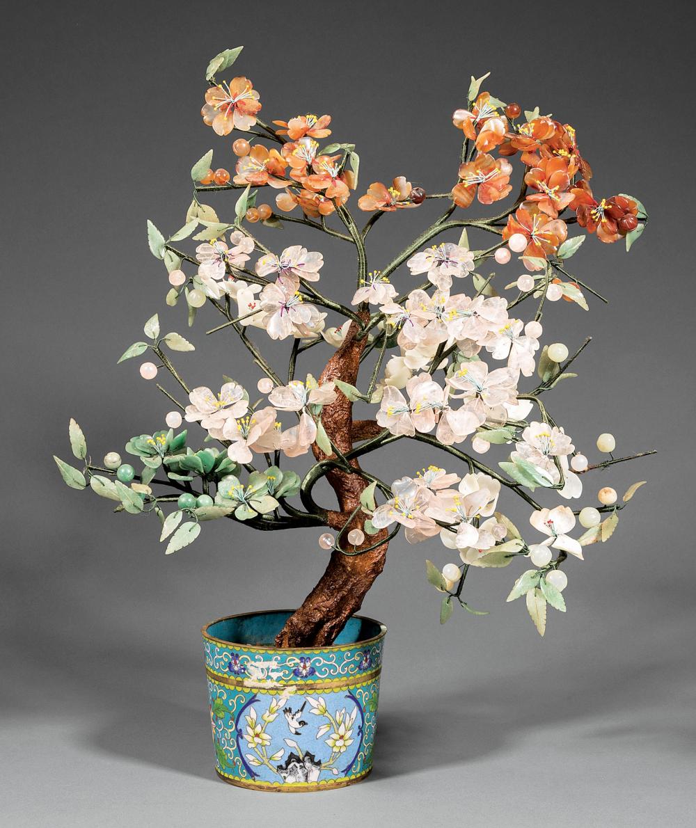 Appraisal: Chinese Hardstone Tree in Cloisonn Enamel Jardini re realistically modeled