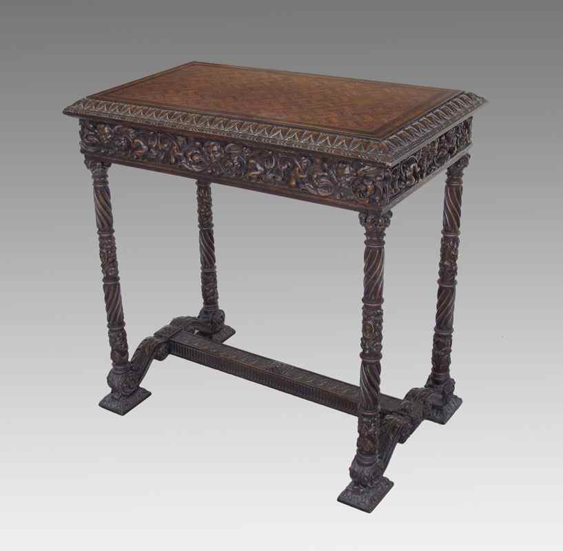 Appraisal: MASTERFULLY CARVED TH C SIDE TABLE Parquetry inlaid top with