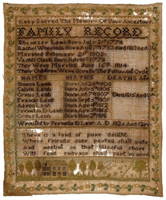 Appraisal: Massachusetts needlework family record for the Lamb family of Charlton