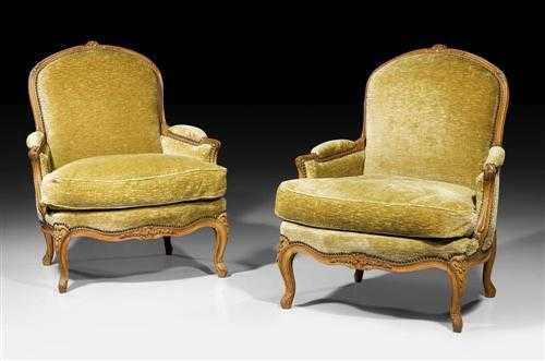 Appraisal: PAIR OF BERGERES Louis XV style Paris circa Shaped and