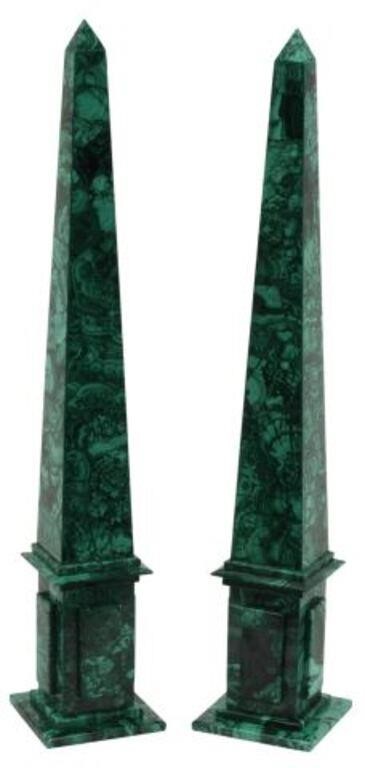 Appraisal: MALACHITE TILED OBELISKS H pair Malachite tiled obelisks approx h