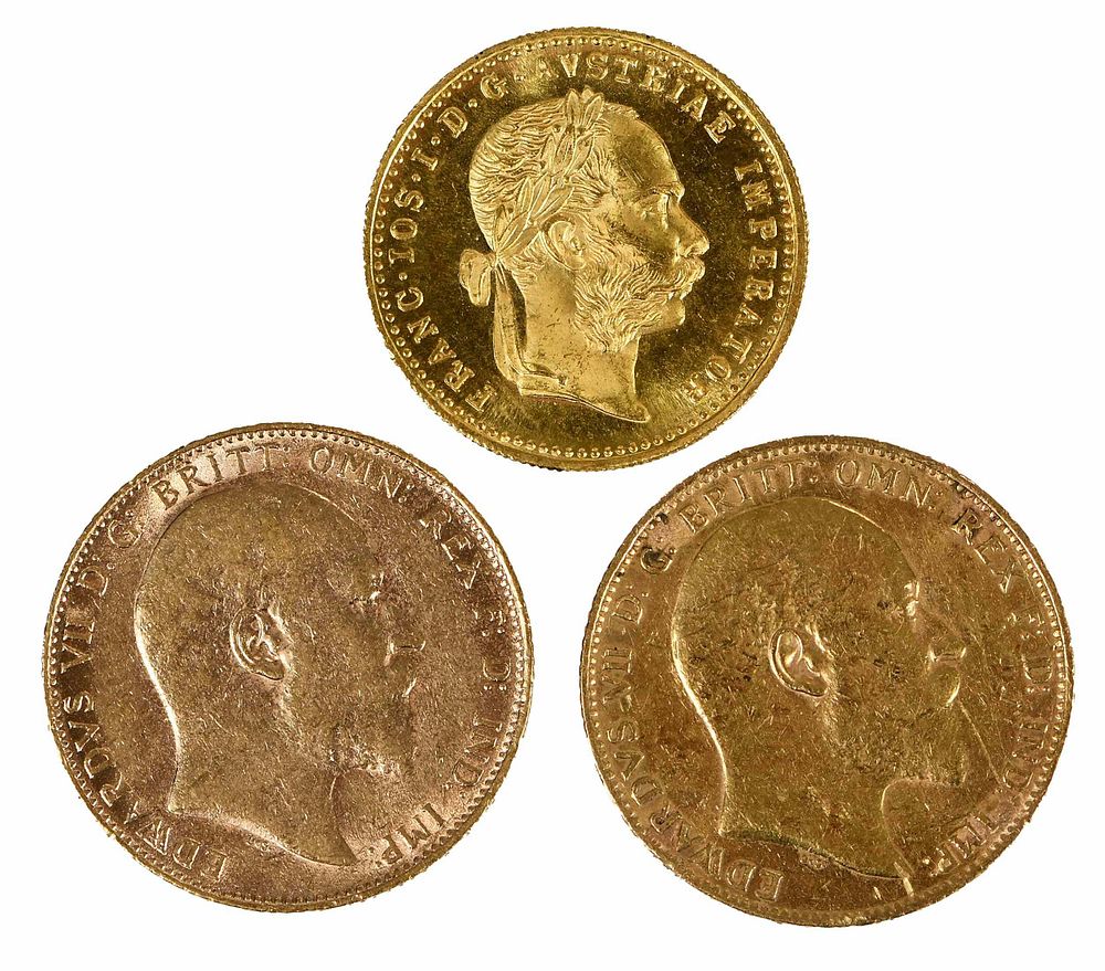 Appraisal: Two Edward VII Gold Sovereigns Austrian Ducat Sovereigns Ducat restrike