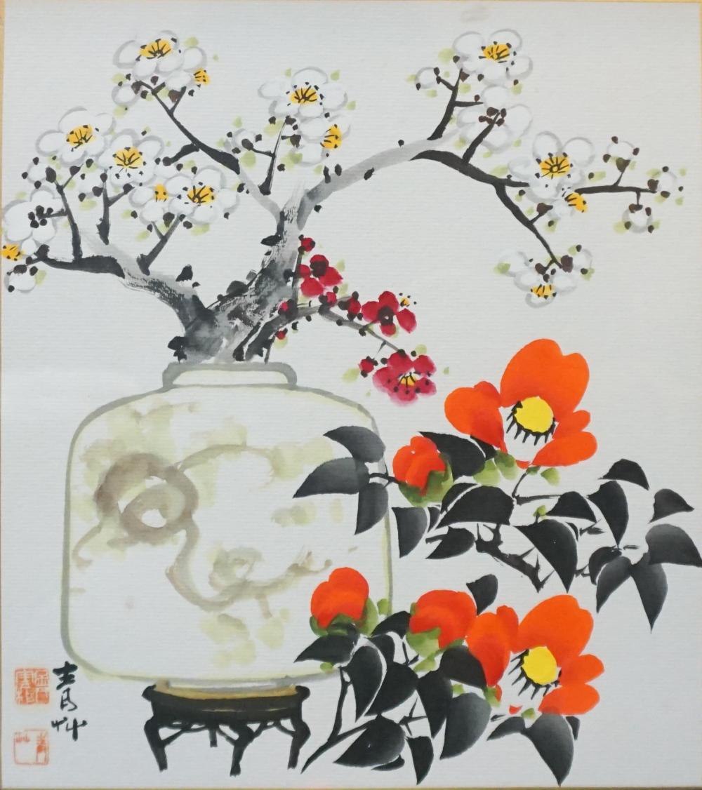 Appraisal: JAPANESE SCHOOL FLOWERING PLANTS INK AND GOUACHE ON PAPER FRAME