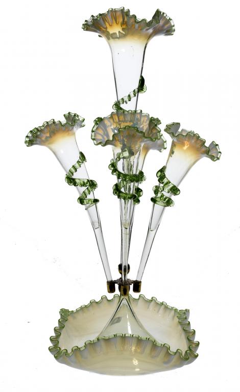 Appraisal: A VICTORIAN SEMI-OPALESCENT AND GREEN RIMMED FLOWER-STAND of five frilled