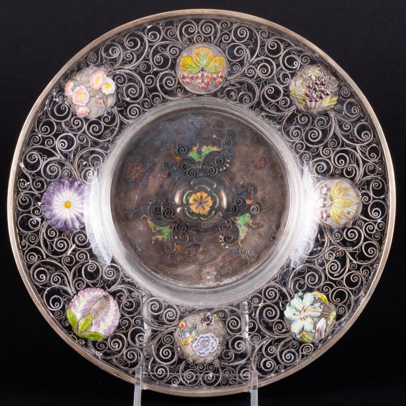 Appraisal: Japanese Silver Cloisonne and Glass Circular Dish Character mark in