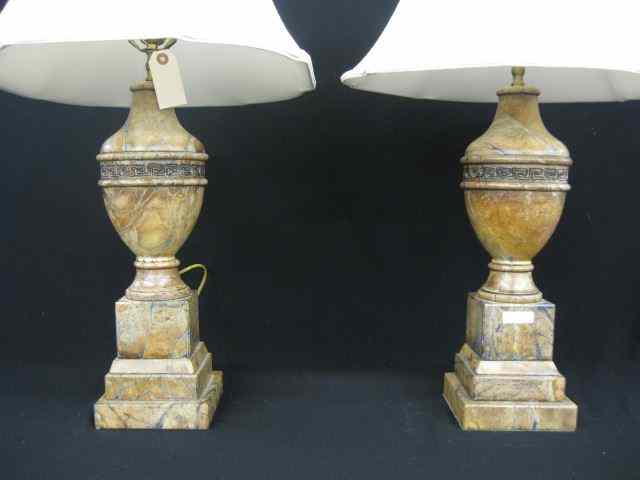 Appraisal: Pair of Brown Carved Alabaster Lamps classic form '' tall