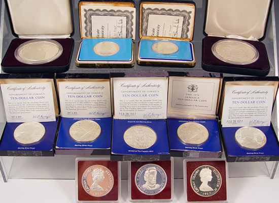 Appraisal: ESTATE LOT OF STERLING COMMEMORATIVE COINS To include Jamaica Sir