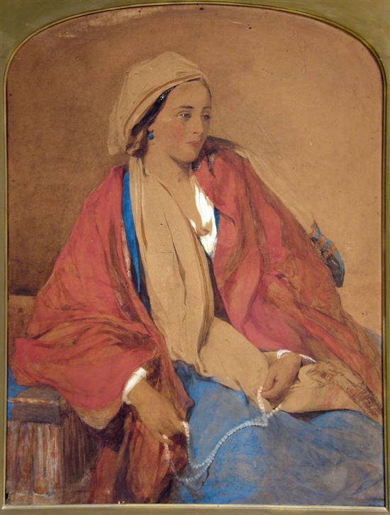 Appraisal: Portrait of a seated woman in red shawl holding a