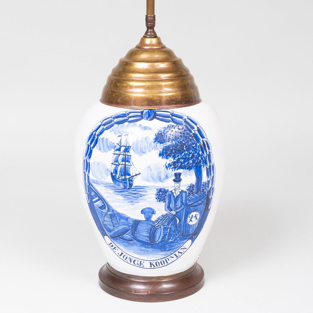 Appraisal: Dutch Blue and White Delft Tobacco Jar Mounted as a