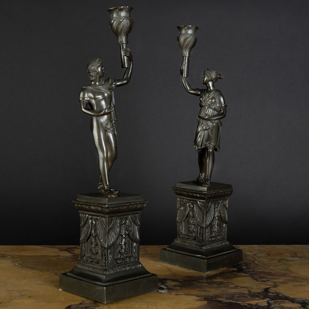 Appraisal: Pair of Bronze Figural Candlesticks After the Antique x x