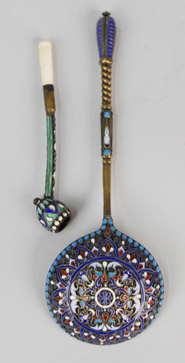 Appraisal: RUSSIAN SILVER AND ENAMEL SPOON and SILVER AND ENAMEL PIPE