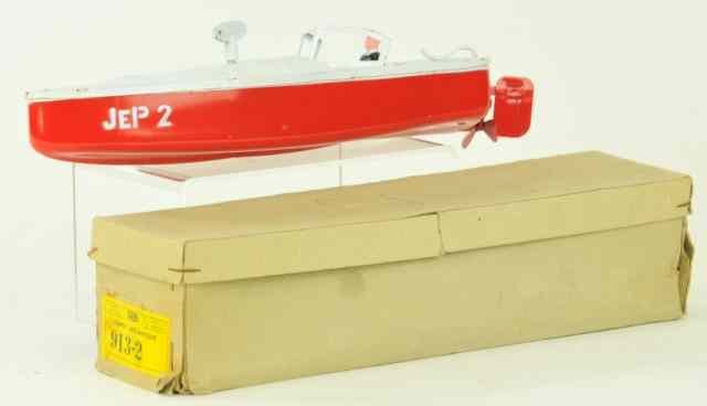 Appraisal: JEP BOXED SPEEDBOAT France heavy tin plate red hull stenciled