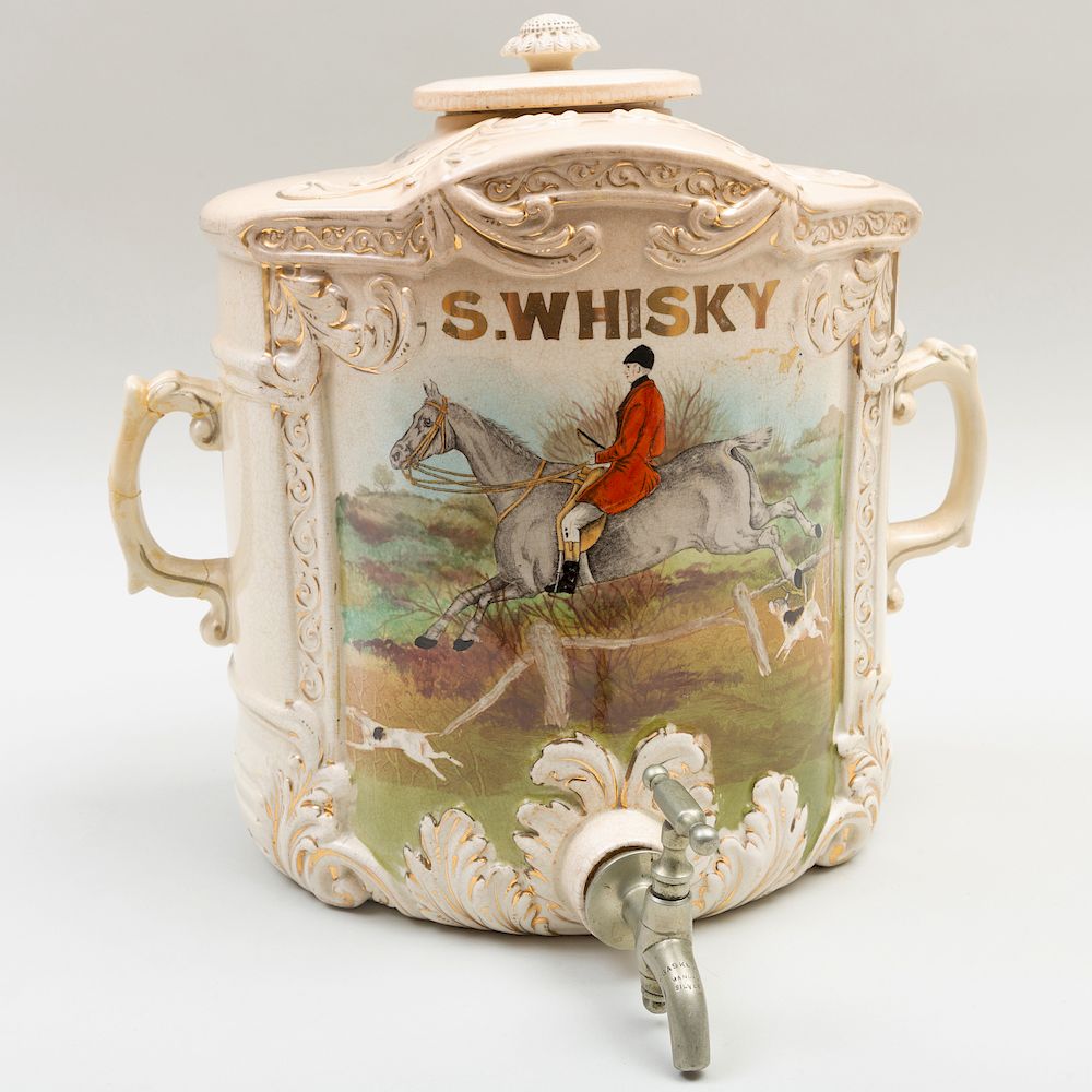 Appraisal: English Pottery Transfer Printed and Enriched Whiskey Cistern Retailer's mark