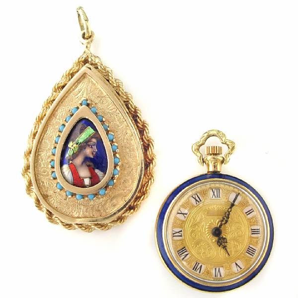 Appraisal: An enamel and gold pendant watch with a limoge and