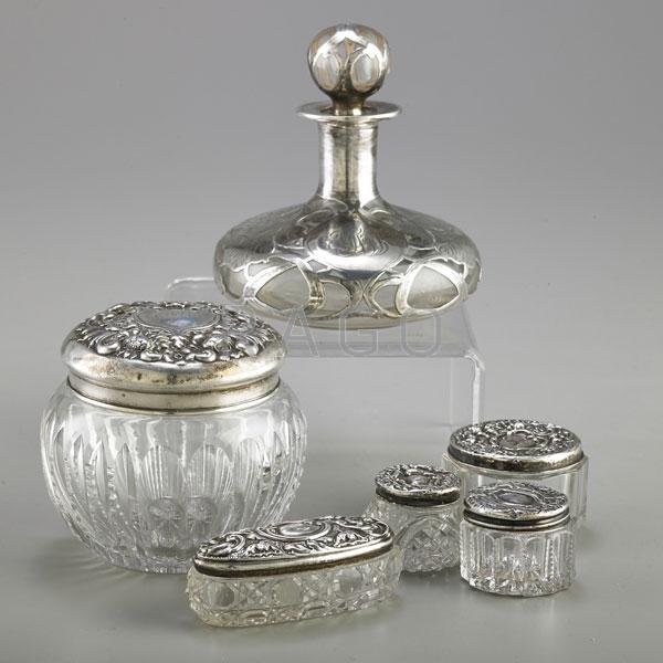 Appraisal: STERLING SILVER AND CUT GLASS VANITY ACCESSORIES Condition Report