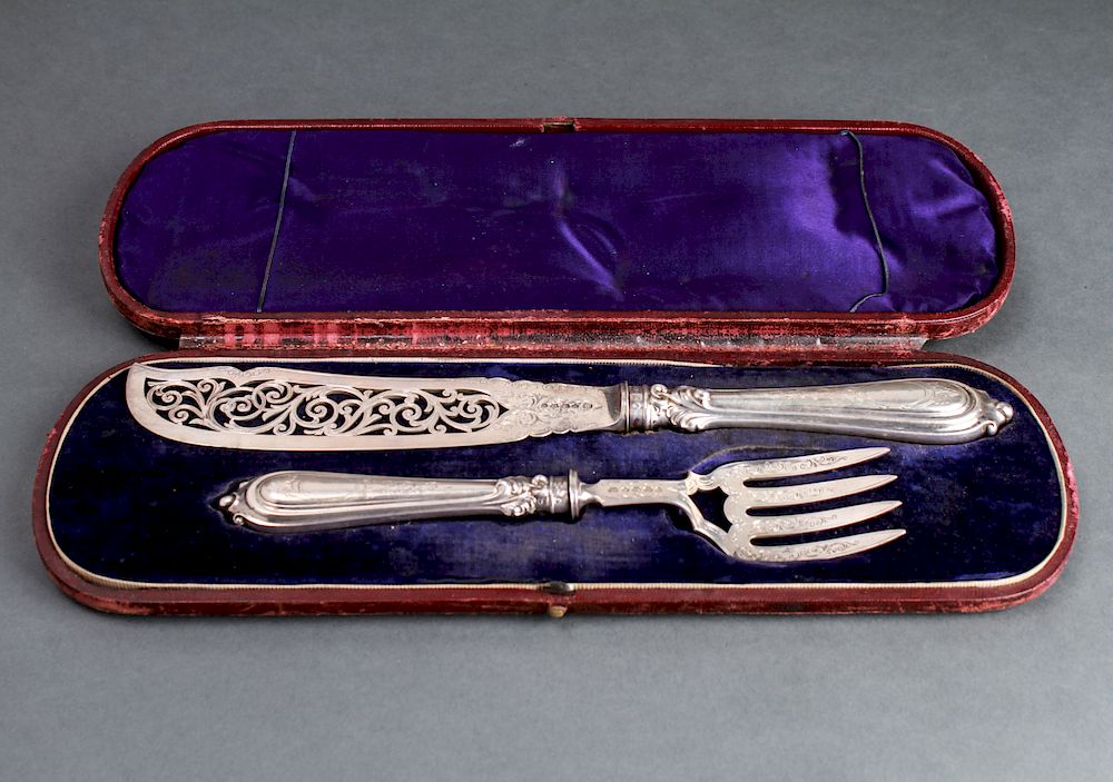 Appraisal: English Silver Engraved Fish Fork Knife Set John Gilbert English