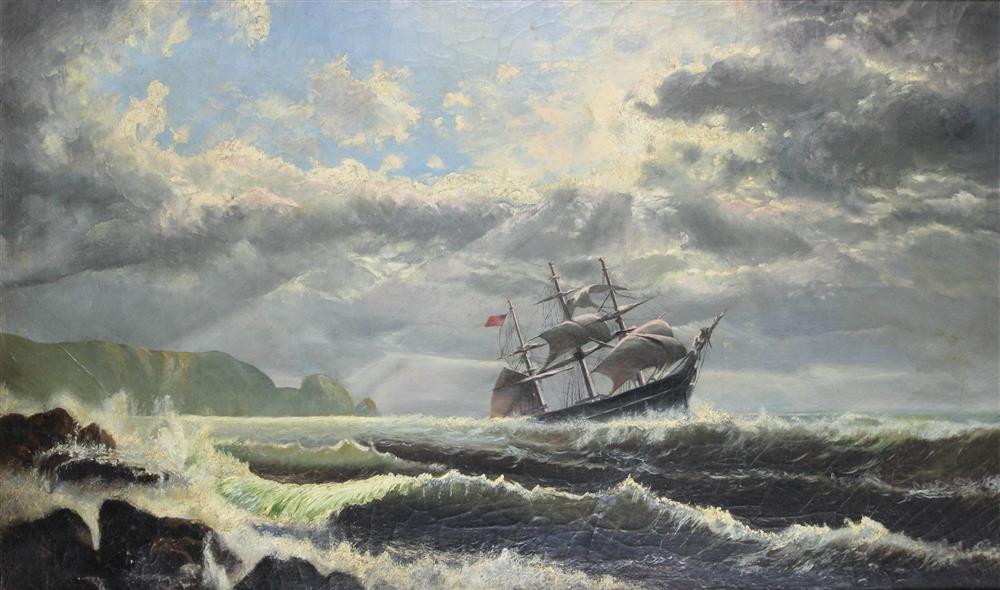 Appraisal: AMERICAN SCHOOL SHIP IN HIGH SEAS Oil on canvas x