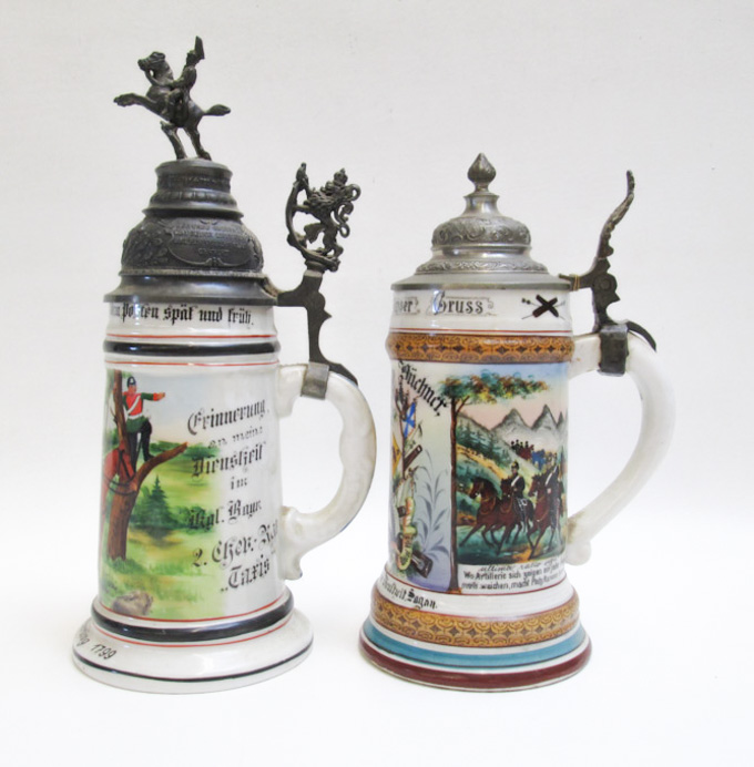 Appraisal: TWO GERMAN PORCELAIN REGIMENTAL LITHOPHANE STEINS the two one-half liter