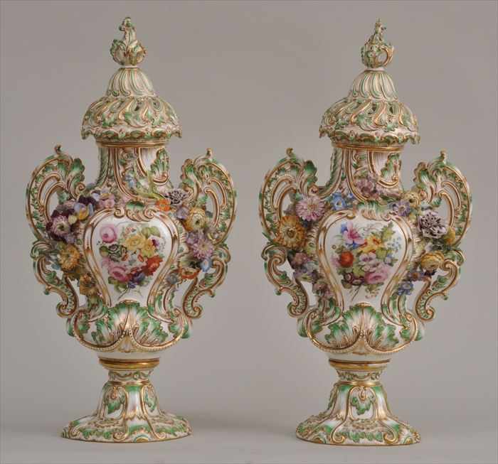 Appraisal: PAIR OF VICTORIAN PORCELAIN FLORAL-ENCRUSTED URNS AND COVERS Each bell-form