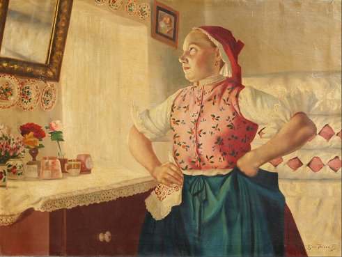 Appraisal: LARGE ILLEGIBLY SIGNED HUNGARIAN INTERIOR GENRE SCENE Depicts a maiden