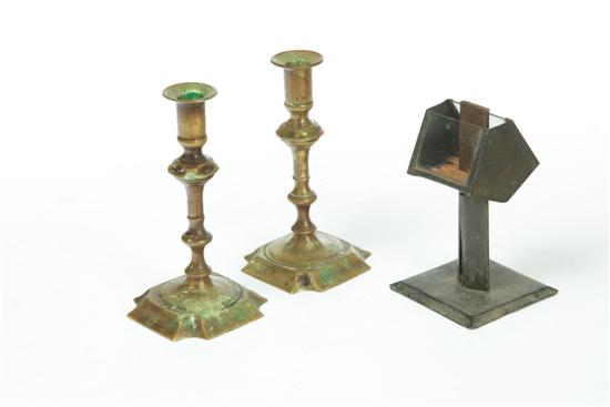 Appraisal: PAIR OF CANDLESTICKS AND A MATCH SAFE Pair of Queen