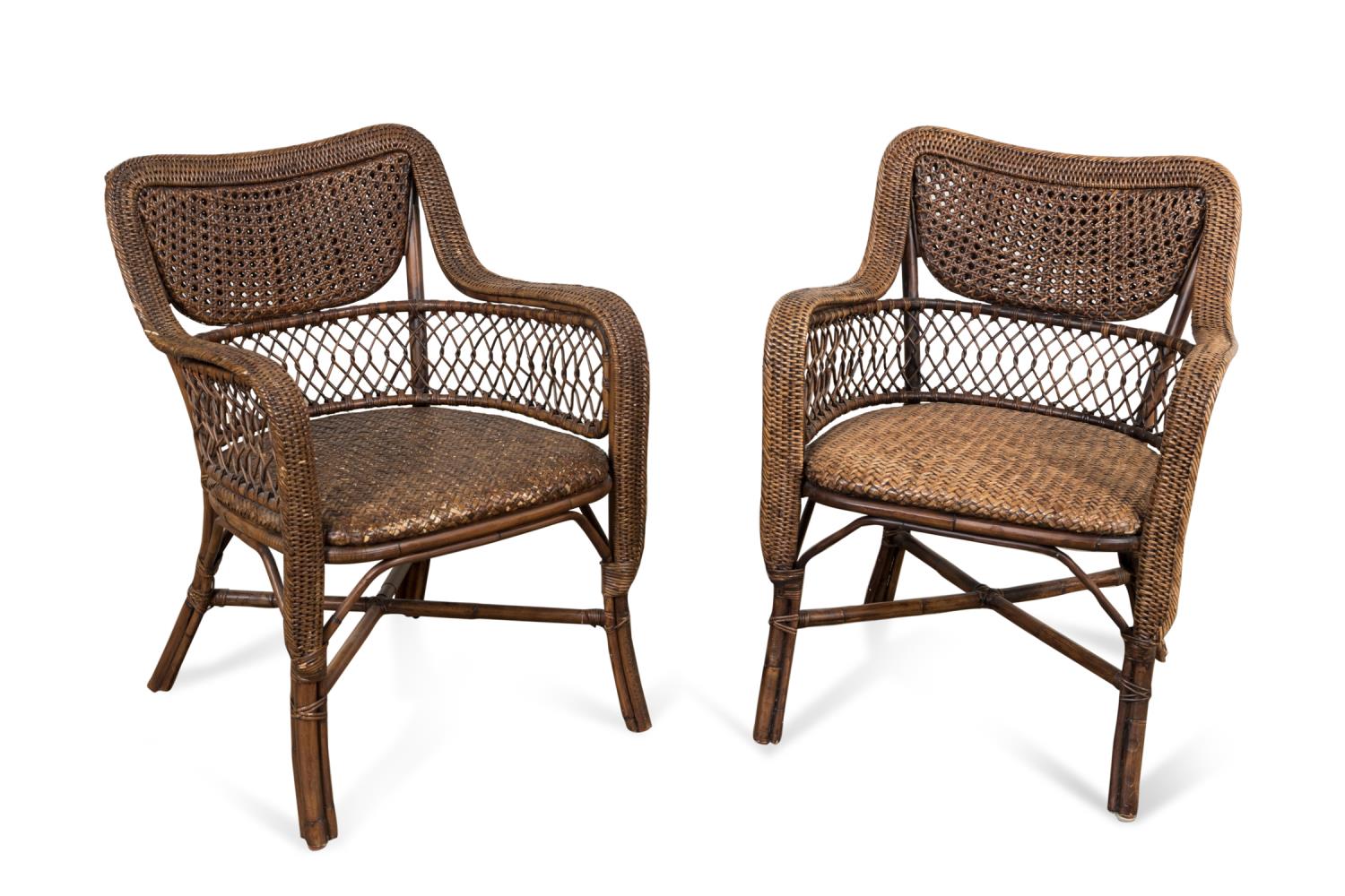 Appraisal: PAIR PALECEK WICKER RATTAN ARMCHAIRS Pair of Palecek American Antique