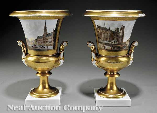 Appraisal: A Pair of Brussels Scenic Stencil-Gilt and Polychrome-Decorated Porcelain Vases