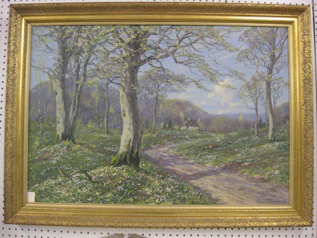 Appraisal: Elinor Thornvig Oil on Canvas a country lane in spring