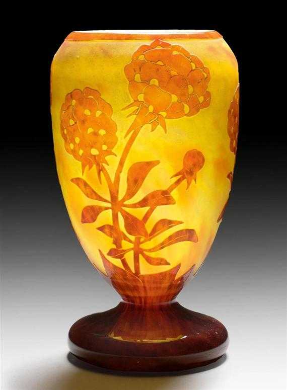 Appraisal: SCHNEIDER PIVOINES VASE circa Acid-etched yellow glass with red overlay