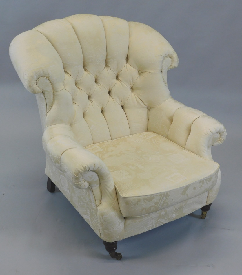 Appraisal: A modern upholstered wingback chair the damask material printed with