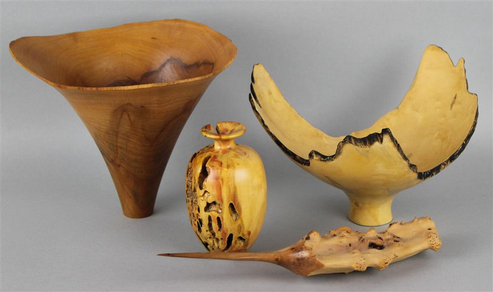 Appraisal: FOUR TURNED WOOD ITEMS INCLUDING A DOGWOOD BOWL BY DAVID