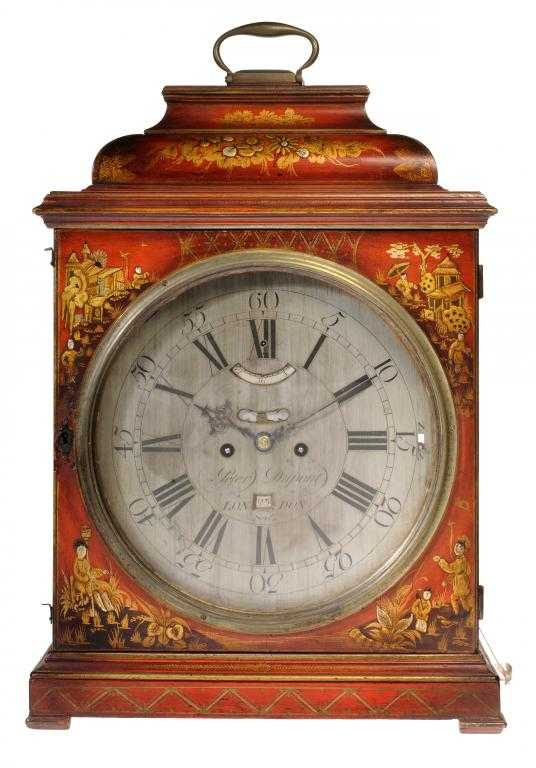 Appraisal: A SCARLET JAPANNED BRACKET CLOCK the silvered dial signed Peter