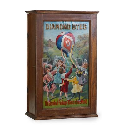 Appraisal: DIAMOND DYES CABINET Litho tin door with children playing with