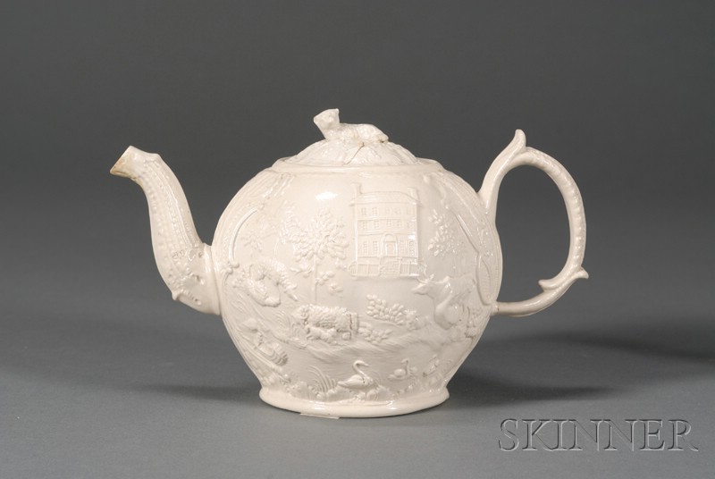 Appraisal: Staffordshire White Saltglazed Stoneware Landscape Teapot and Cover England c