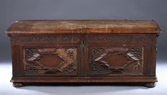 Appraisal: ENGLISH OAK DOWER CHEST Early th century with wrought-iron bail-pull