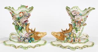 Appraisal: Pair of English porcelain floral encrusted cornucopia vases circa each