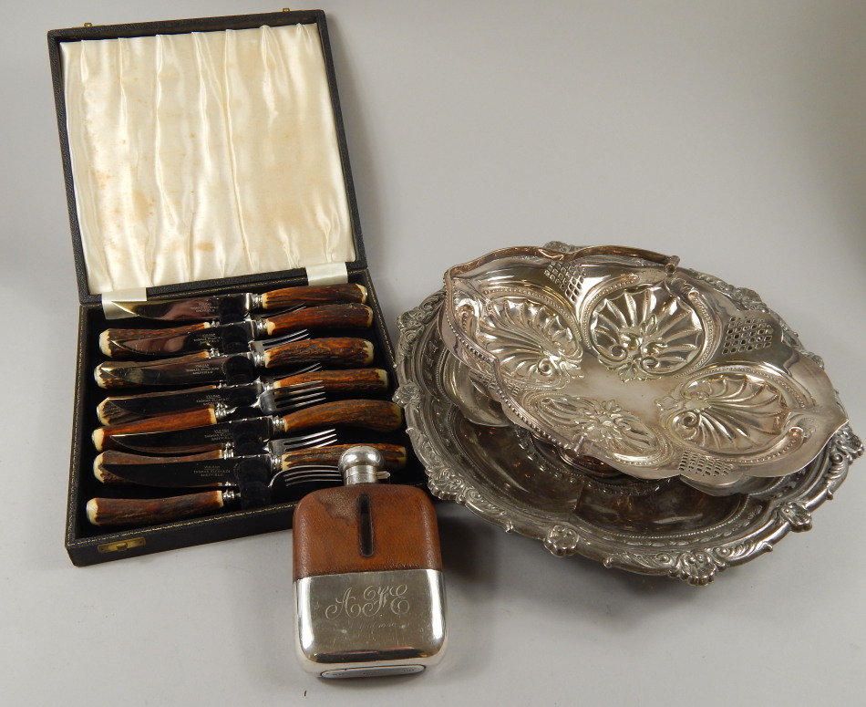 Appraisal: A quantity of silver plate etc to include a leather